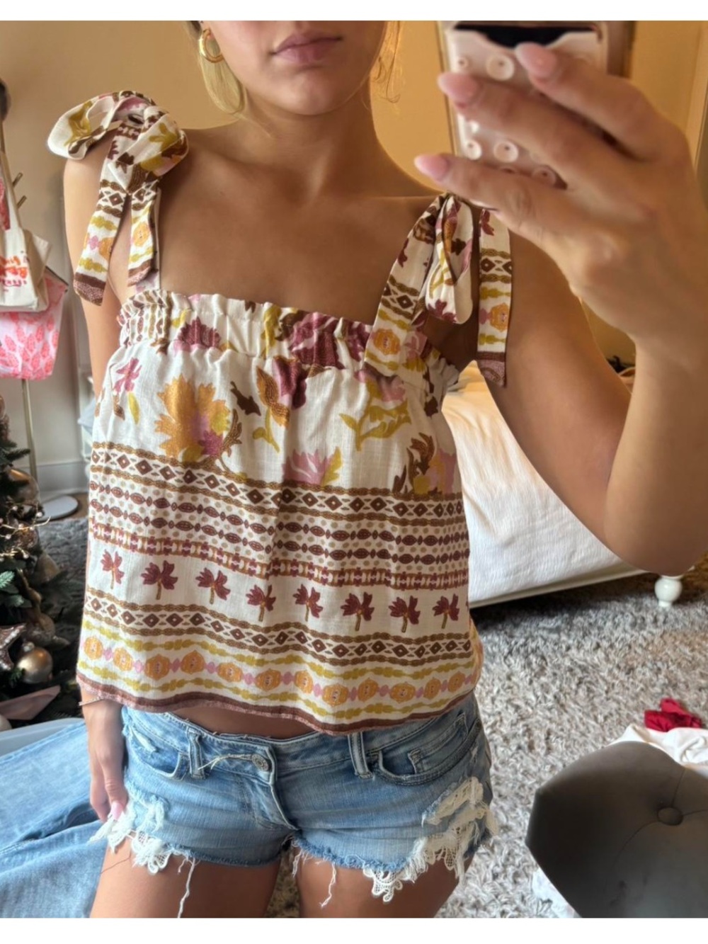 NWT Good Luck Gem Floral Tie-Shoulder Smocked Tank Top White/Brown, Size Small